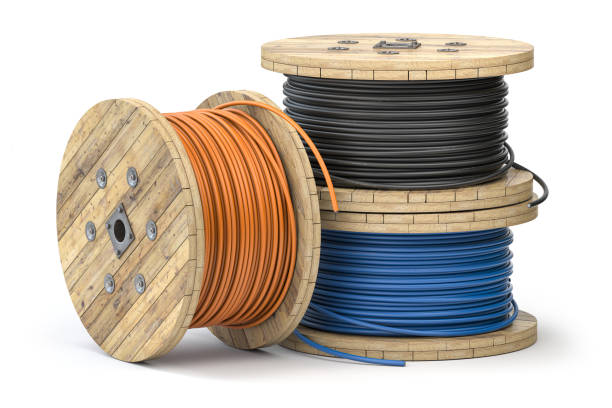 Wire electric cable of different colors on wooden coil or spool isolated on white background. 3d illustration